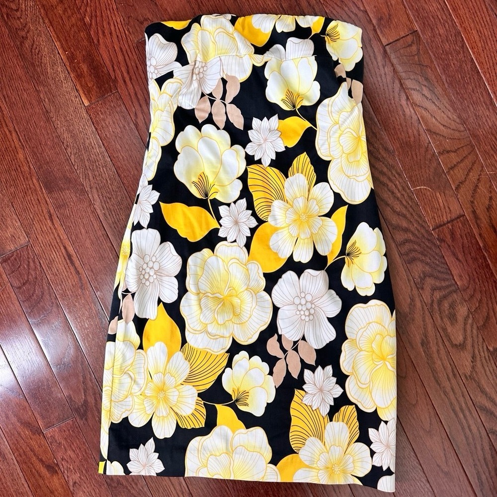 2000s Cache NWT Yellow Black Whote Floral Strapless‎ Cocktail Bodycon Dress